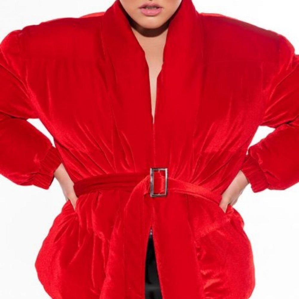 PLUS AZALEA WANG WATCH OUT COMING THROUGH VELVET RED WRAP PUFFER ( BRAND NEW ! )